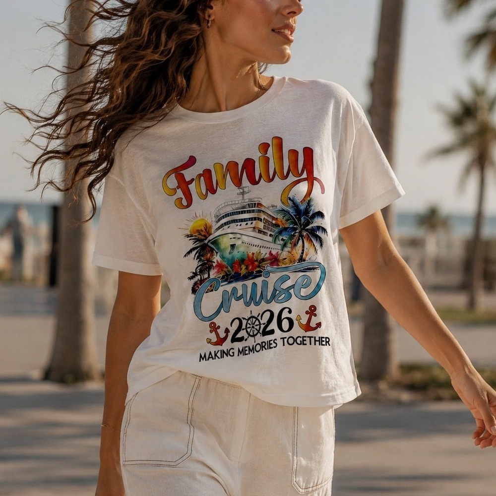 Unbranded Family Cruise 2026 White Graphic T-Shirt Cotton Short Sleeve Medium